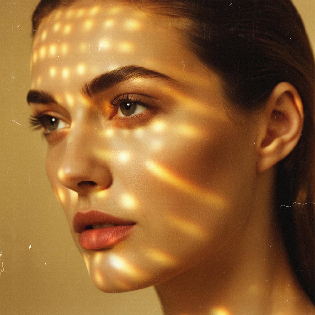 A close-up editorial portrait, light projections across the face.